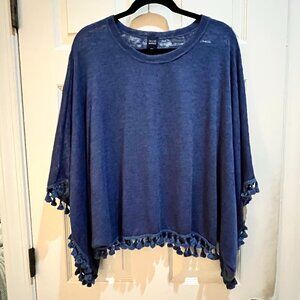 Womens BLUE Saks Fifth Avenue Blue Poncho Sweater Top With Fringe One Size